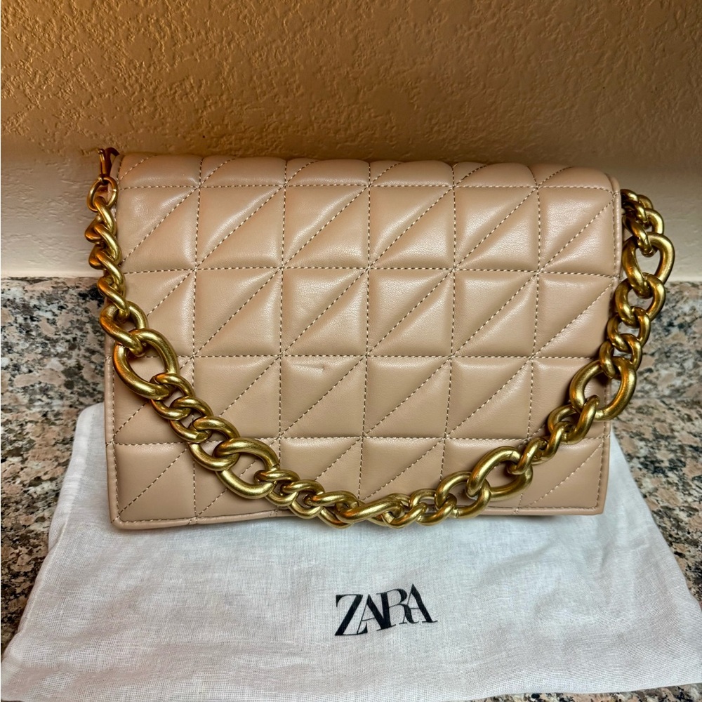 Zara Beige Quilted Shoulder Bag with Gold Chain